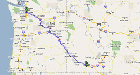 Map of route from Seattle to Twin Falls